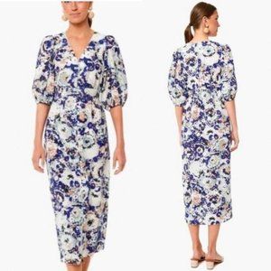 Tuckernuck Naomi Midi Dress Size XS Linen Blend Floral Puff Sleeve Cottage core